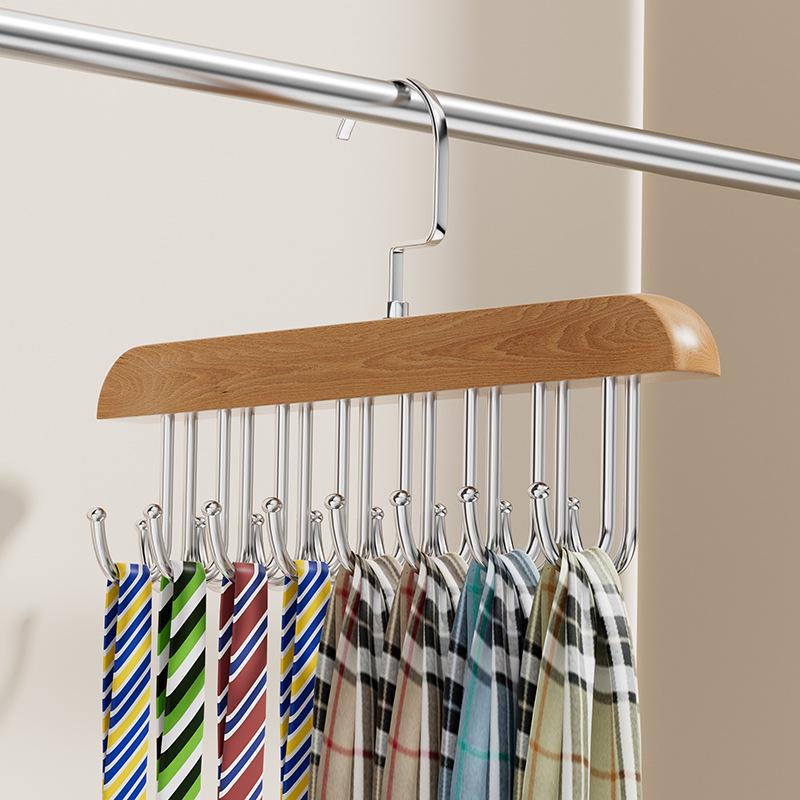 Percha Multifuncional de Madera Maciza con Tirantes y Múltiples Ganchos para Uso en el Hogar y el Dormitorio