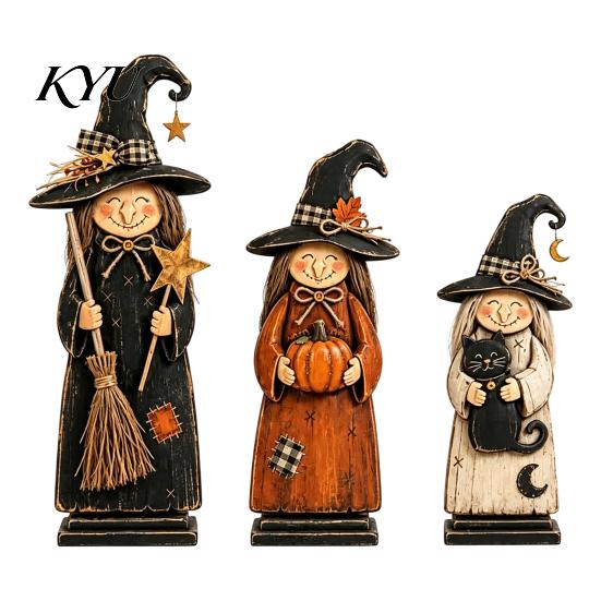 Hand Painted Witch Figurine Sets Vintage Wooden Figurine, Halloween Statues with Small for Countertop Broom Pumpkin Black Cat, Fall Farmhouse Tabletop