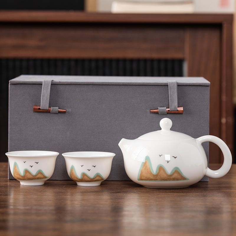 Beam Pot One Pot and Two Cups Suet Jade Porcelain Light Luxury Kung Fu Tea Set Kuaike Cup High-end Brocade Box Gift Box