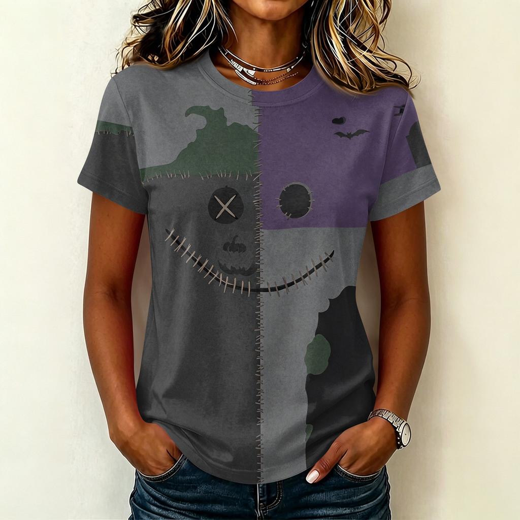 Women Casual Short Sleeve Pullover T Shirt Halloween Print Top Crew Neck Stitch Design Lightweight Soft Fabric Relaxed Fit