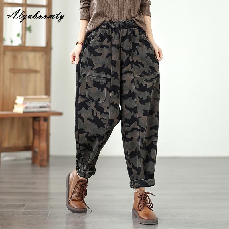 Korean Style Autumn Winter Women Fleece Warm Harem Jeans High Waist Print Baggy Plus Size Denim Pants Thick Vintage Casual Loose Ladies' Jeans