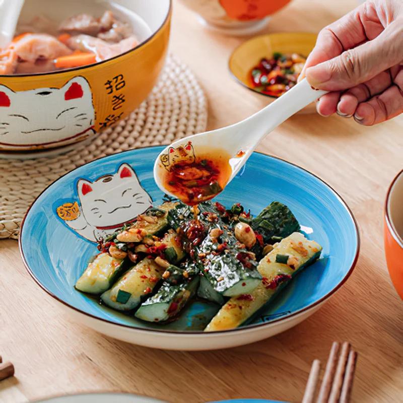 Farfurie Ceramică Rotundă Pisică Norocoasă Desen Animat Mărimi Multiple Creativă Japoneză Multicoloră Bucătărie Casă Handmade Desen Animat Farfurie pentru Cină