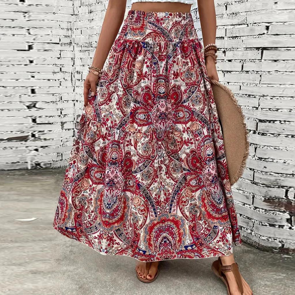 Women's Smocked Floral Maxi Skirts Summer Tube Dresses  Long A Line Pleated Beach Skirt