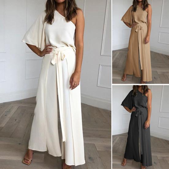 

Женский комплект из 2 шт./компл. с широкими штанинами и косым вырезом, свободный крой, однотонный топ, брюки, комплект для повседневной носки