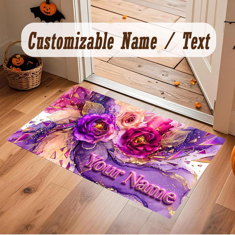Alfombra de Piso de Terciopelo de Cristal con Tema de Jardín Floral Alfombra Cálida con Texto de Nombre Personalizado Decoración del Hogar