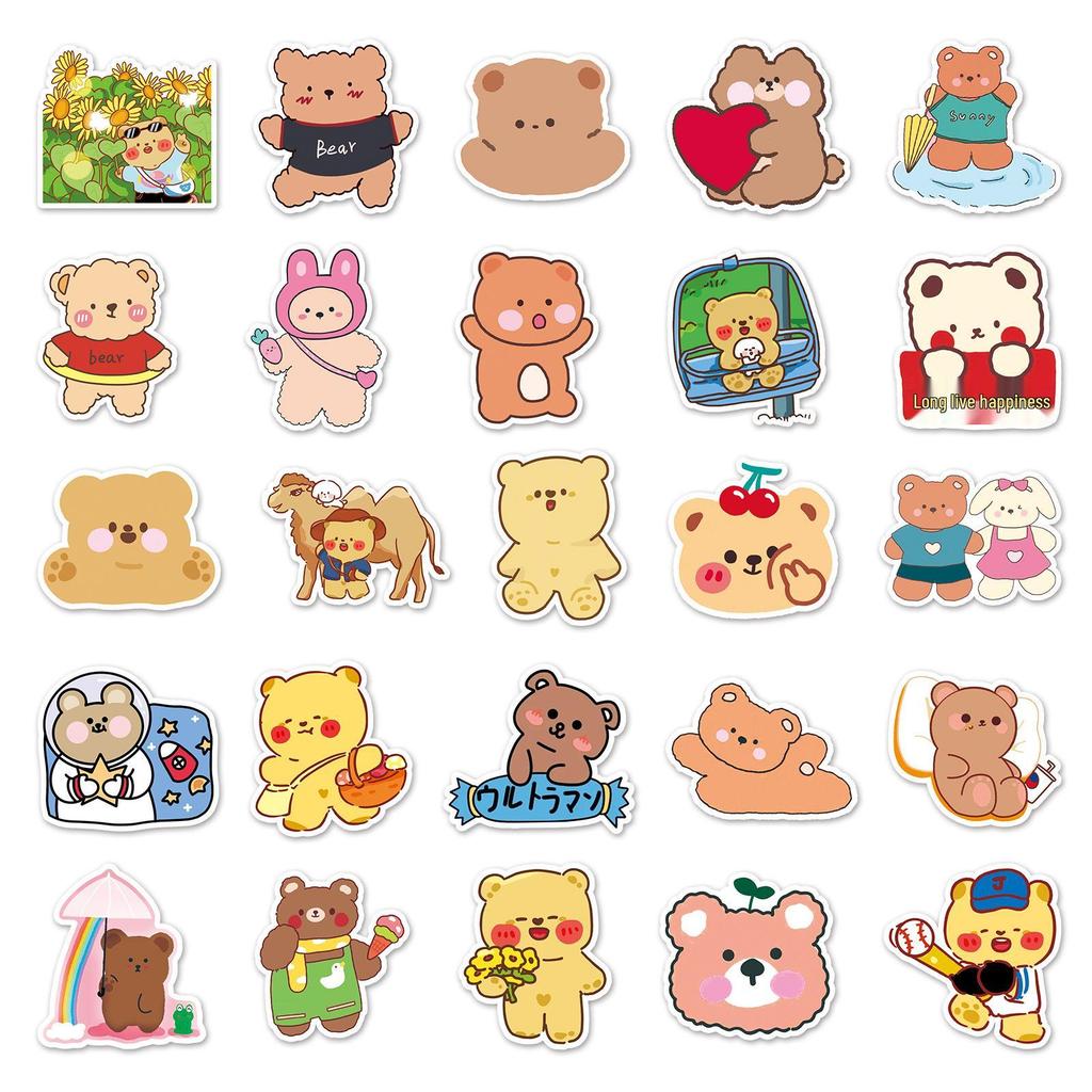 50-Piece Cute Cartoon Bear Stickers Set: Waterproof DIY Animal Decorations for Water Bottles, Journals, and Luggage.