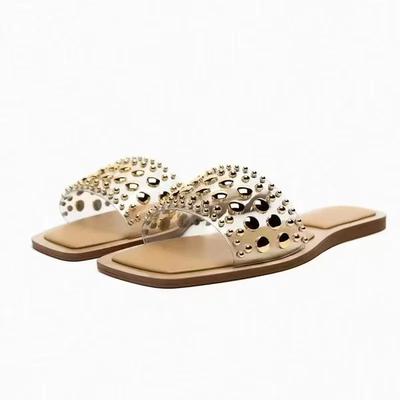 Fashion 2025 Summer Women's Shoes PVC Transparent Riveted Casual Flat Open Toe Beach Slides Trend Brand Design Big Size Ladies Slippers