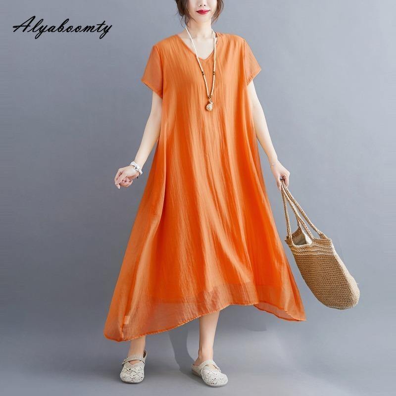 Korean Style Plus Size Summer Women Midi Dress V Neck Black White Pink Blue Yellow Orange Loose Dress Short Sleeve Casual Basic Ladies' Dress