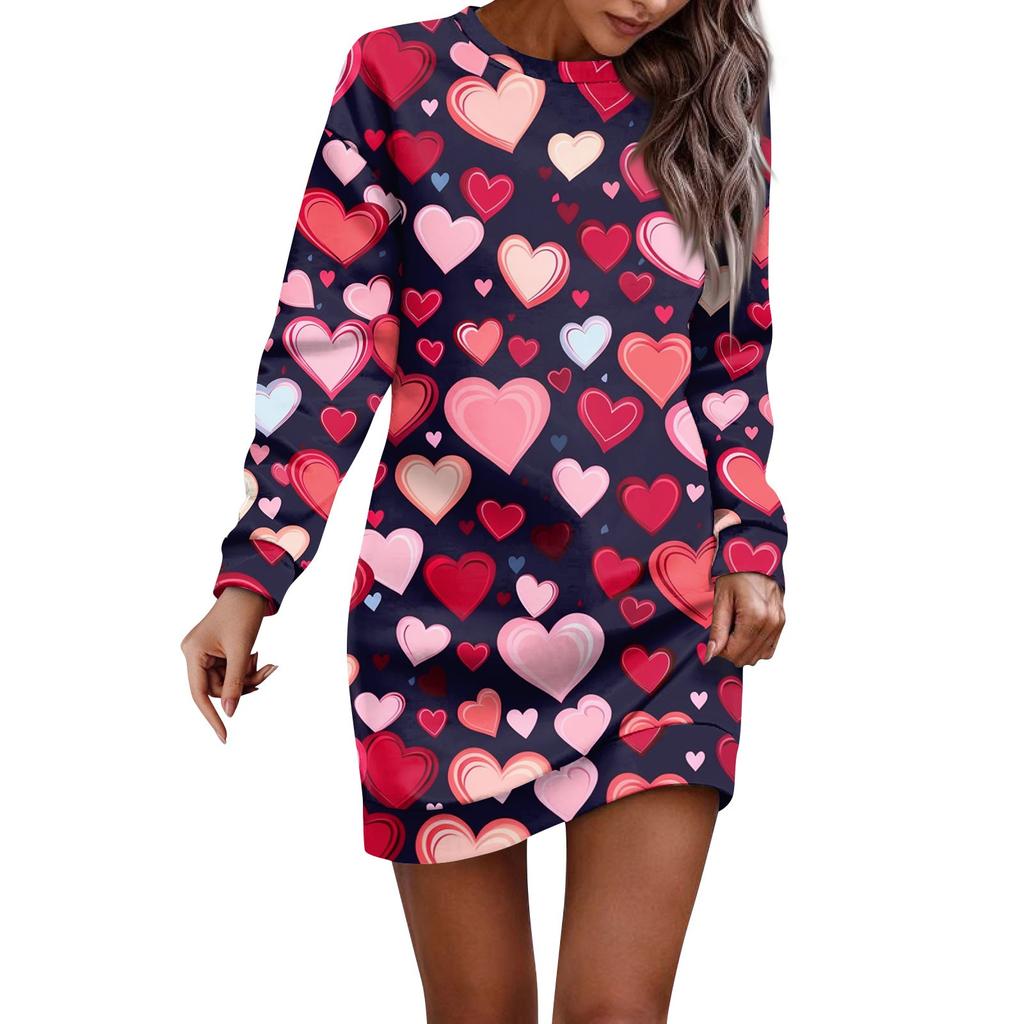 Women's Round Neck Valentine's Day Printed Long Sleeve Wrap Hip Dress Sweater Dresses