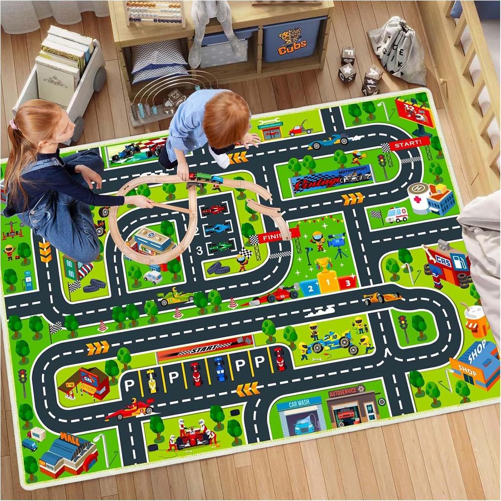 Car Play Mat for Boys and Girls Highway City Traffic-Themed Rugs for Kids Toy Cars Kids Rugs for Playroom Non-Slip Kids Play Rug