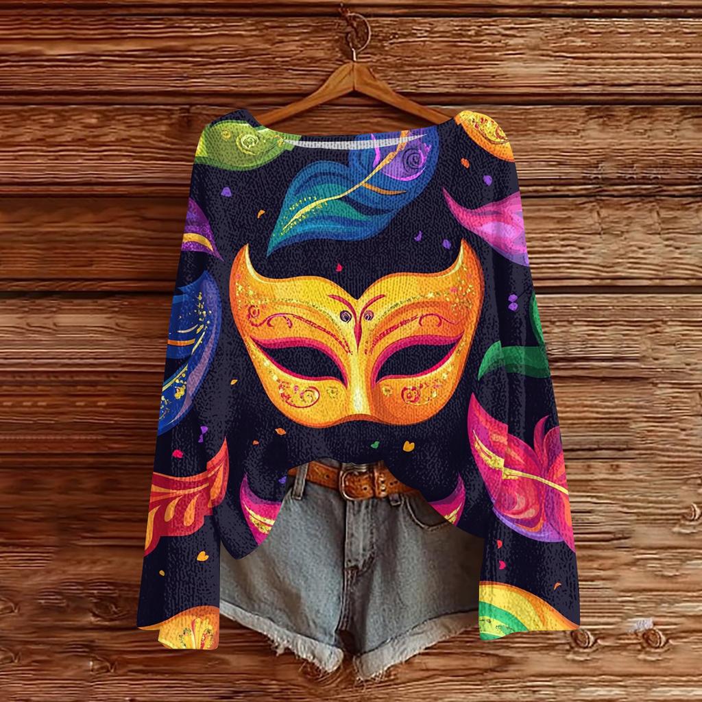Damen Casual Mode Rundhals Oberteil Karneval Print Langarm Strickpullover
