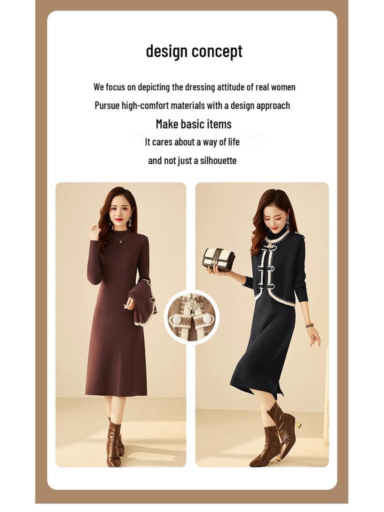 Goddess Style Knitted Two-Piece Set: Mid-Length Long-Sleeve Dress for Fall/Winter 2025