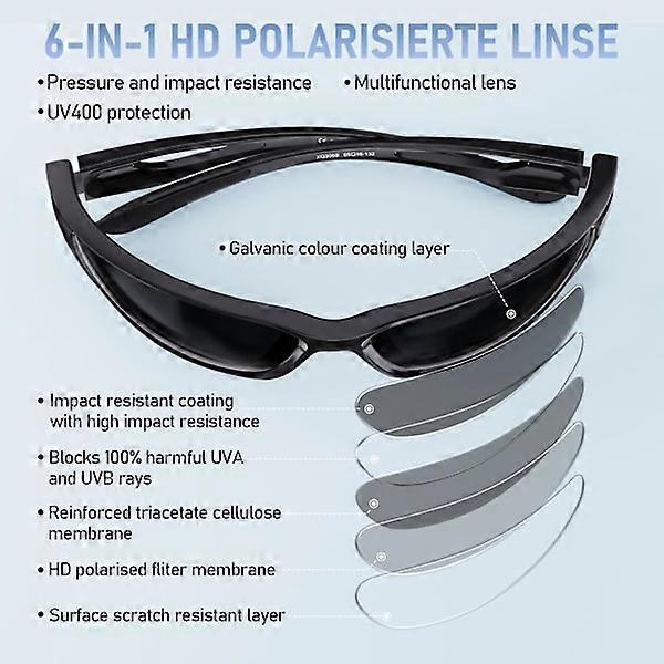 Occhiali da sole sportivi, Occhiali da sole sportivi polarizzati con protezione UV400 e montatura infrangibile in TR90 per Pesca, Guida, Golf, Corsa, Ciclismo, Campeggio Nero