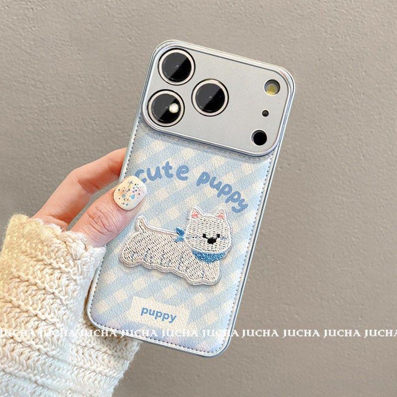 High-End Cute Blue Plaid Embroidery Puppy Phone Case for iPhone 15, 16 Pro Max, and 17