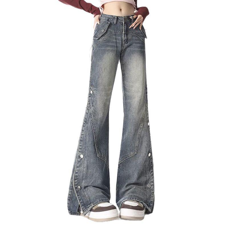 

Джинсы микро-клеш с высокой талией в стиле ретро с разрезом на пуговицах для женщин - Приталенный дизайн в пол для весны и осени M