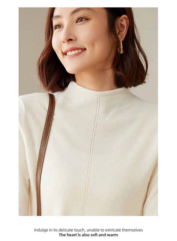 Women's High Neck Cashmere Wool Pullover – Solid Color, Half Sleeve, Inner Rolled Edge, Perfect Base Layer for Autumn/Winter.