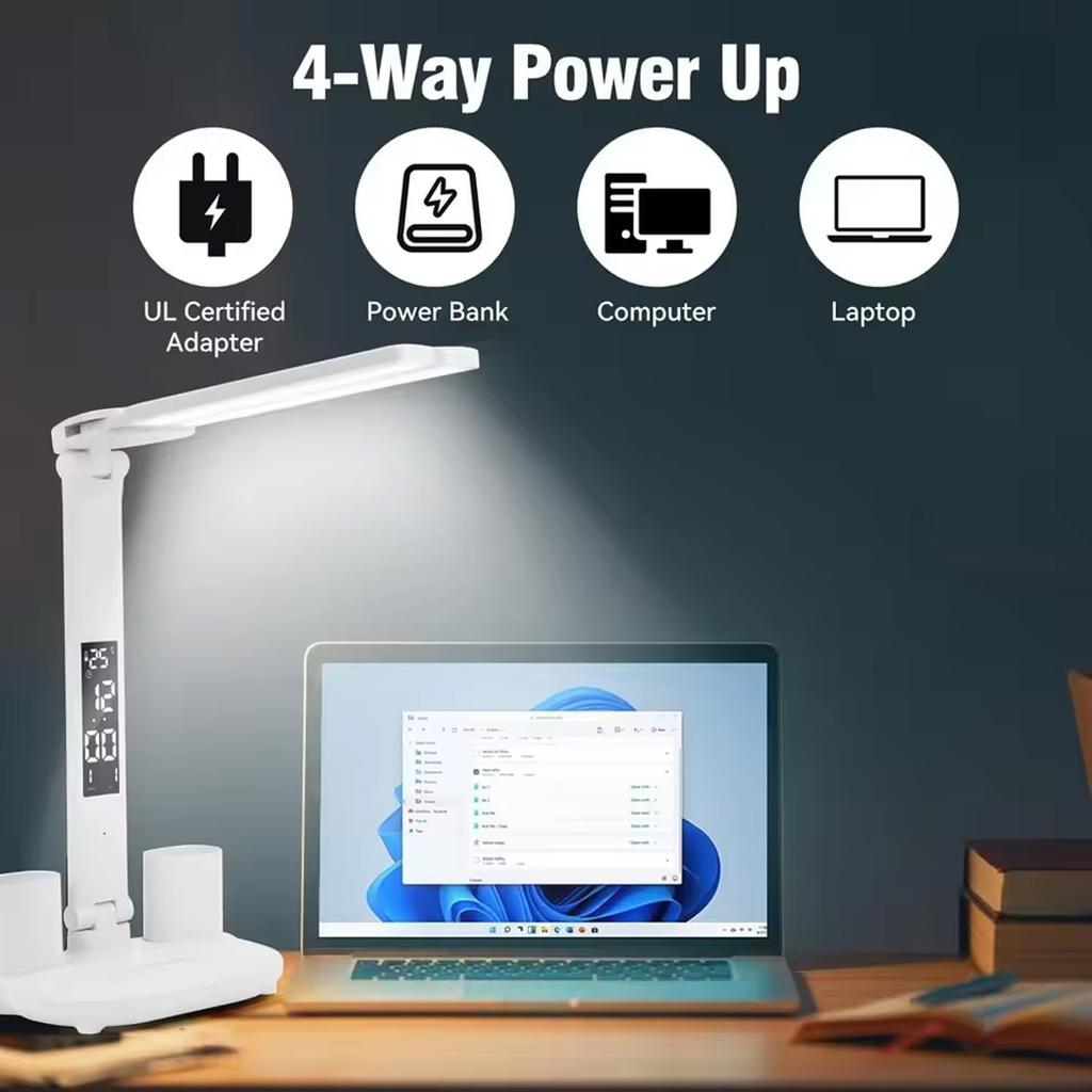 LED Table Lamp USB Chargeable Dimmable Clock Desk Lamps 2 Heads 180 Rotate Foldable Eye Protection Desktop Reading Night Lights