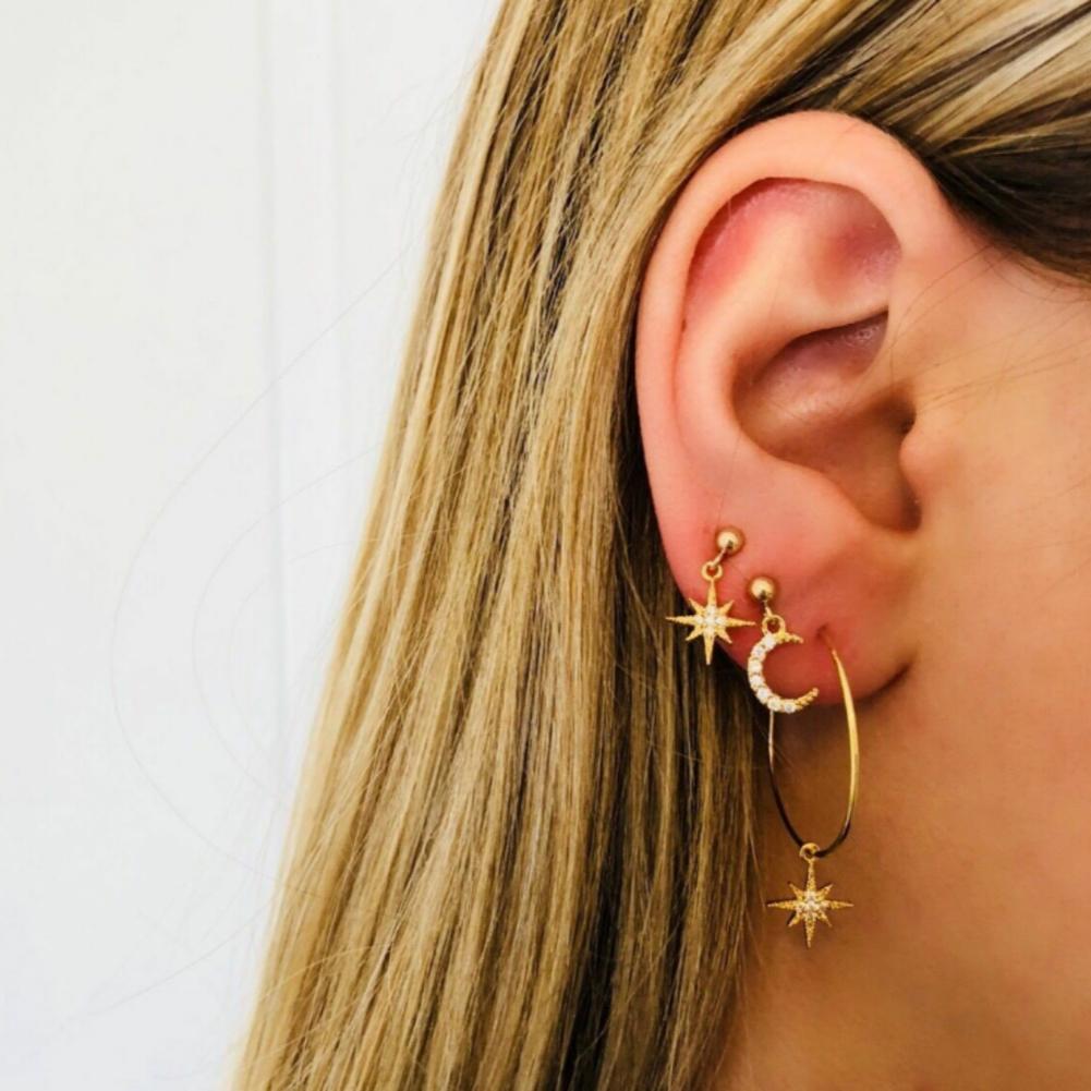 4Pcs/Set Bohemian Style Large Circle Earrings Ear Clip Crystal Moon Star Ear Stud Jewelry