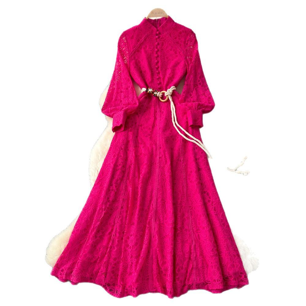 French Elegant Red Lace Hollow Temperament Dress Women's Spring Long-sleeved Waist Slim A-shaped Long Dress Commuting