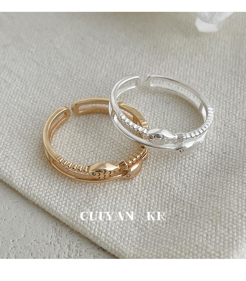 S925 Sterling Silver Korean Double Layer Fish Design Open Ring for Women - Trendy and Unique Silver Jewelry