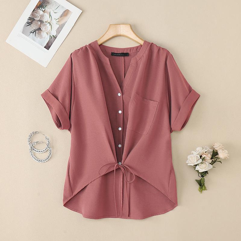 

ZANZEA Women Casual V-Neck Solid Color Loose Short Sleeve Blouse 5XL камея рожевий колір