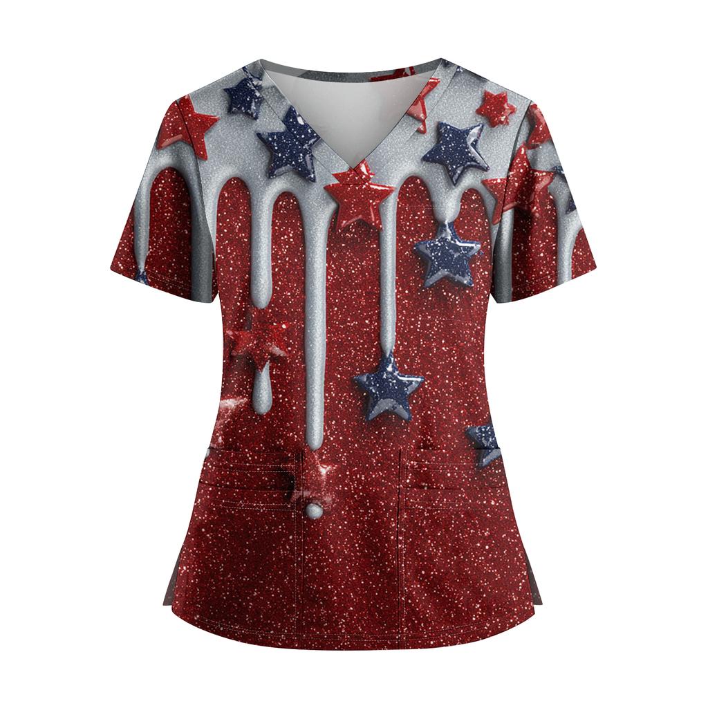 Women's Independence Day Print V-Neck Double Pocket Short Sleeve Uniform with Slit Hem - Caregiver Top