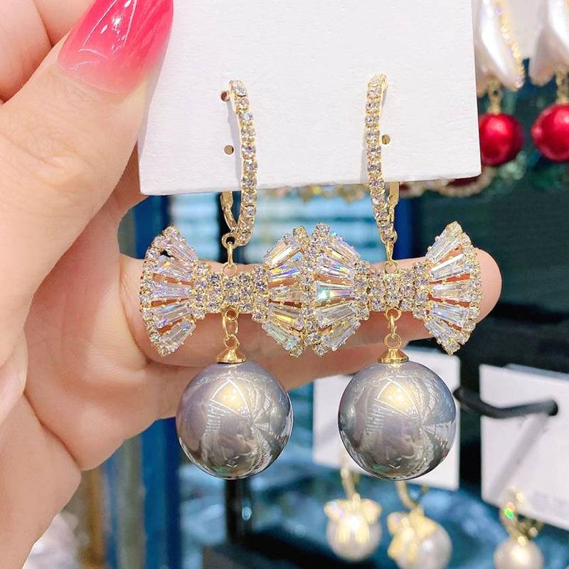 Zircon Bow Pearl Earrings Women S Fashion Long Fringed Earrings, Earrings.