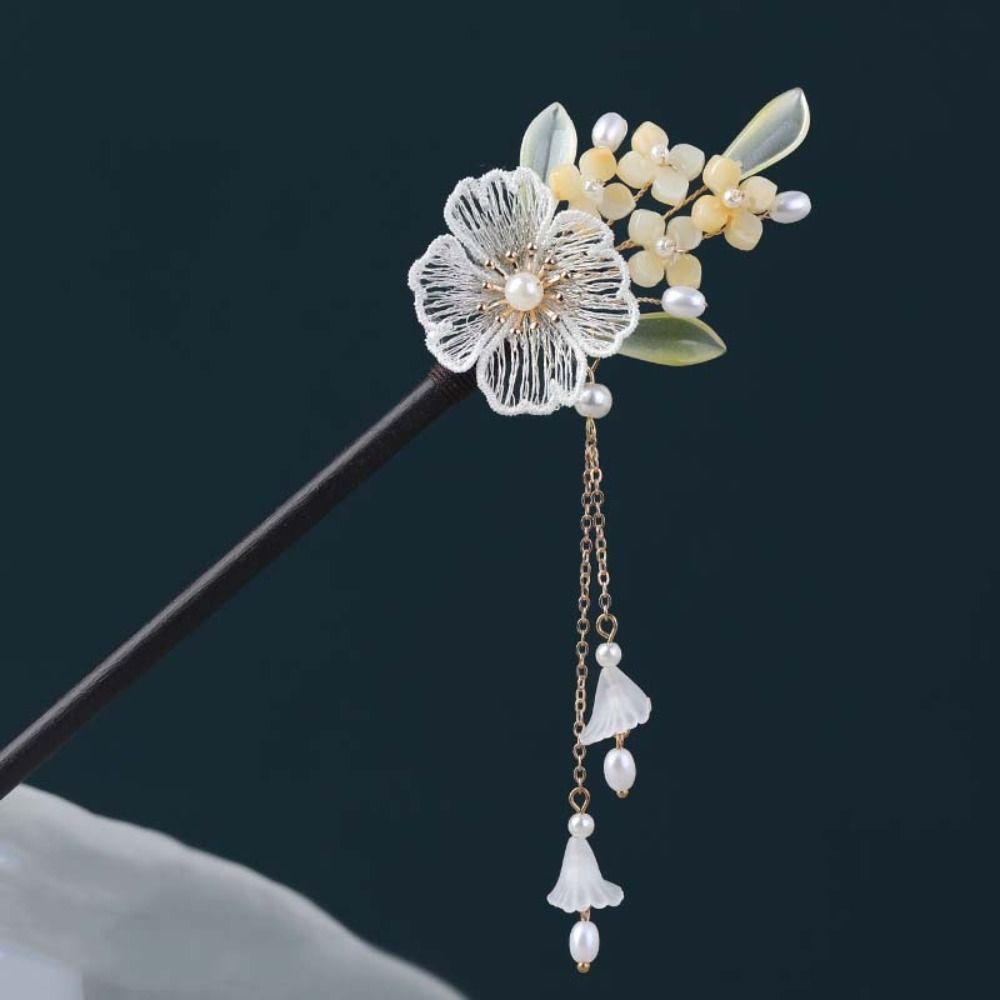 

Шпилька Hanfu с кисточками и цветком, деревянная палочка для волос в стиле ретро для женщин