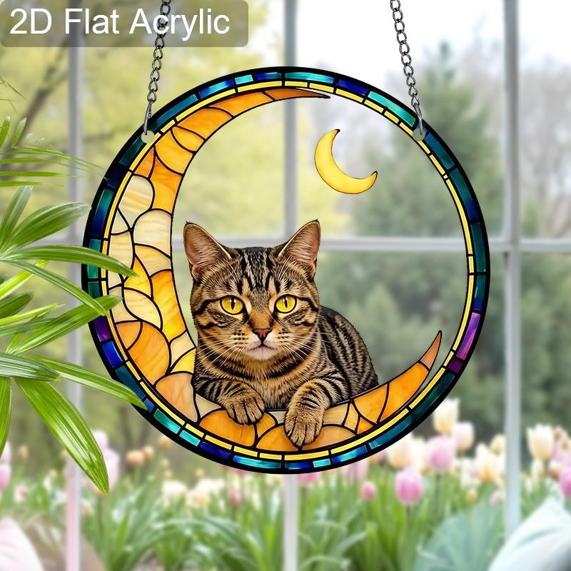 Acrylic Crescent Moon Tabby Cat Suncatcher, Stained Glass Style Window Hanging Ornament for Cat and Celestial Lovers