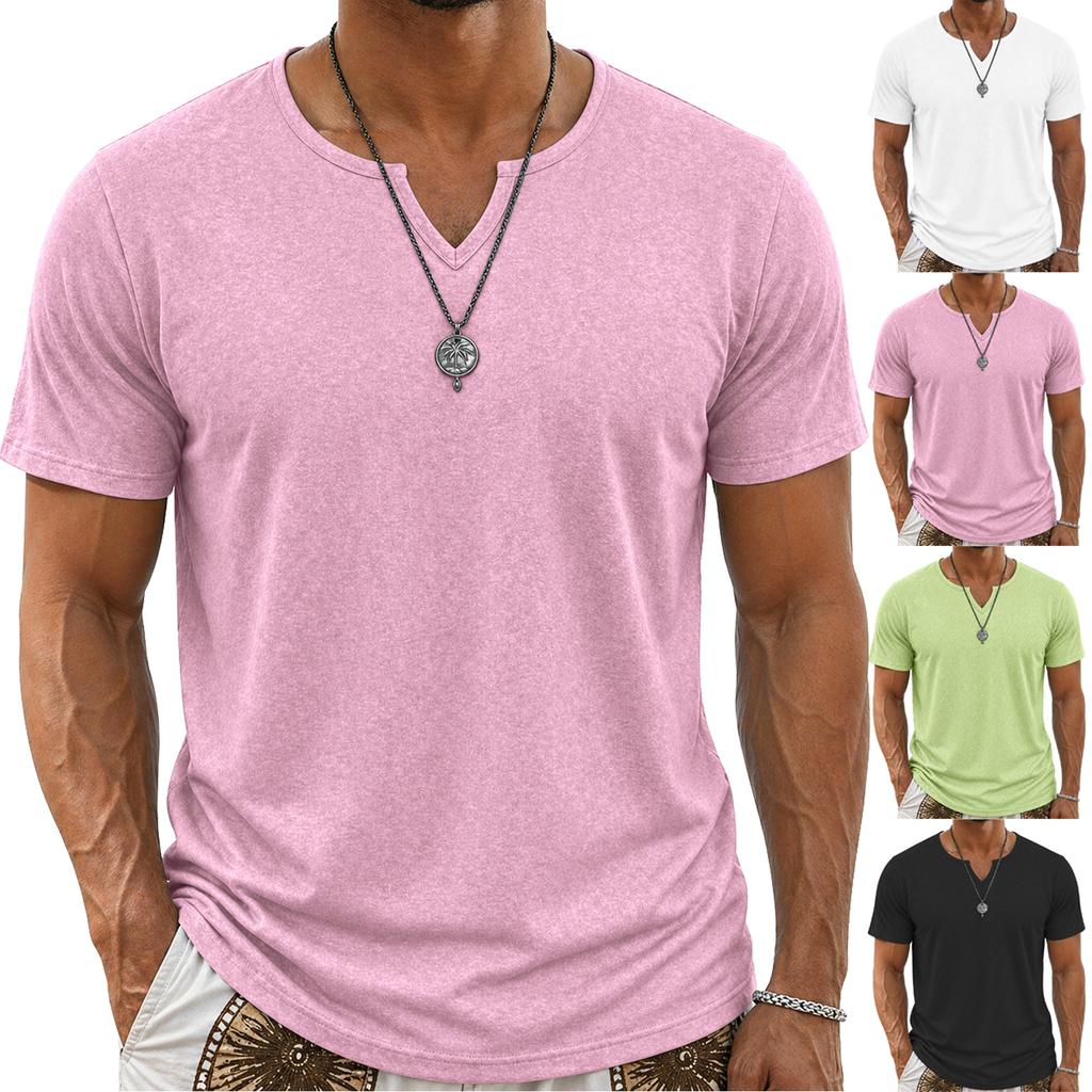 Men’s Cotton Short Sleeve V Neck T Shirt Casual Basic Solid Crew Neck Streetwear Spring Summer Comfortable Fit