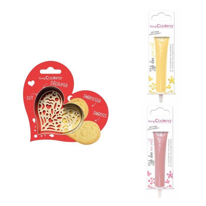 Kit pour biscuit en relief Coeur + 2 Stylos au chocolat jaune pastel et rose pastel