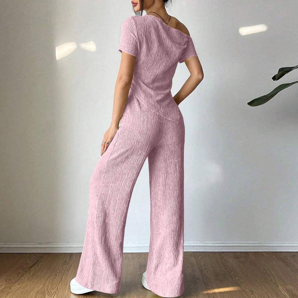 Damen Sets Ein Schulter T-Shirt Und Weitbeinige Hose Mit Niedriger Taille Set