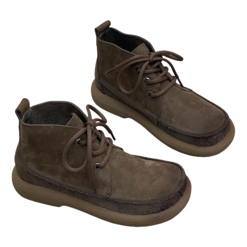 Women's Short Boots, Flat-bottomed Lace-up Round-toe Casual Soft Leather Cotton Shoes