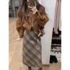 Retro Chic Short Coat & Plaid Skirt Set for Women - Woolen Autumn/Winter Collection