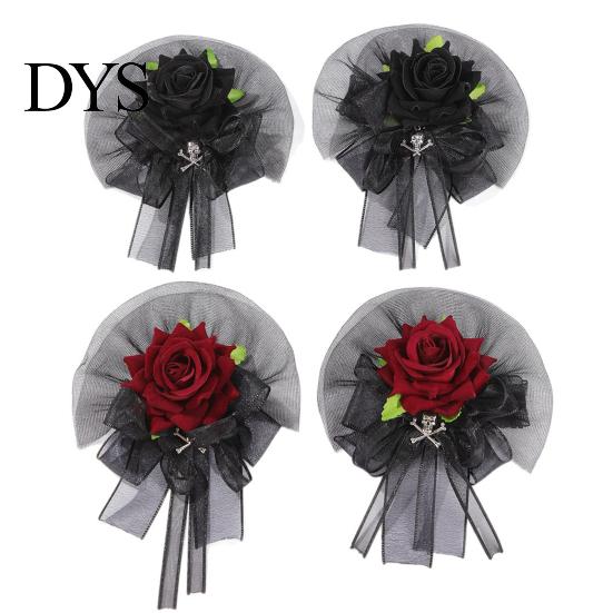 Artificial Rose Hand Flower Black Burgundy Tulle Mesh Corsage for Bridal Groom, Gothic Aesthetic Wristwear Women Boutonniere Wedding, Prom,