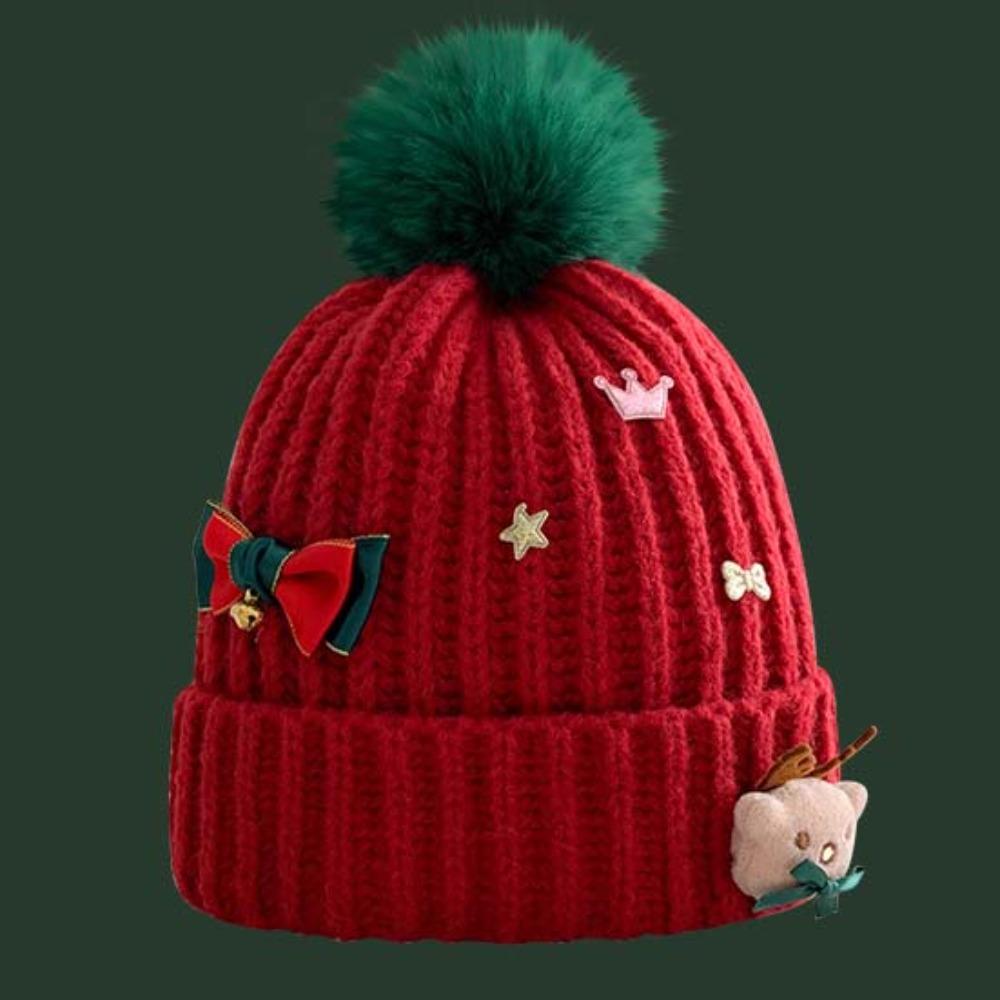 Bow Christmas Plush Cap Soft Thickened Brimless Cap Versatile Red Knitted Woolen Hat  Girls