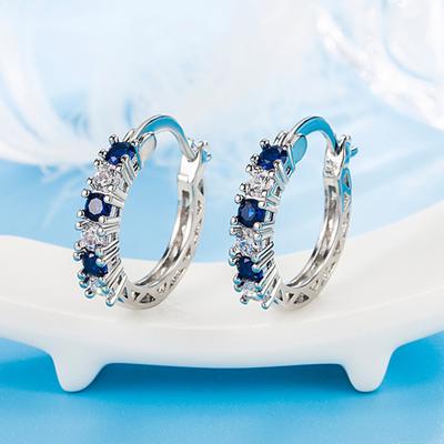 1 Pair Women Huggie Earrings Blue Cubic Zirconia Small Hoop Earrings Party Prom Clipping-on Earrings Copper Round Earrings