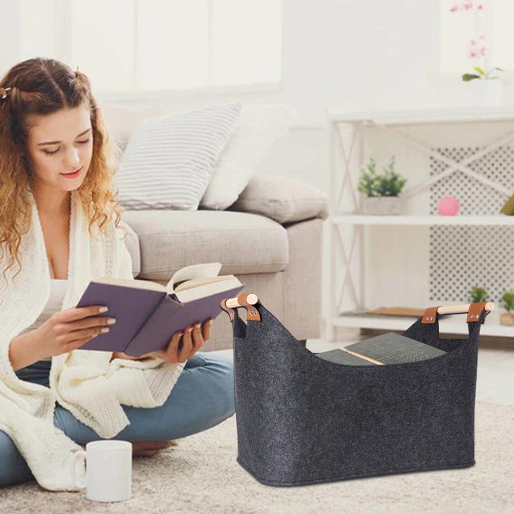45 X 32 X 40 Cm Firewood Box with Wooden Handles Foldable Wood Basket 57L Large Capacity Felt Storage Bag for Firewood Clothes