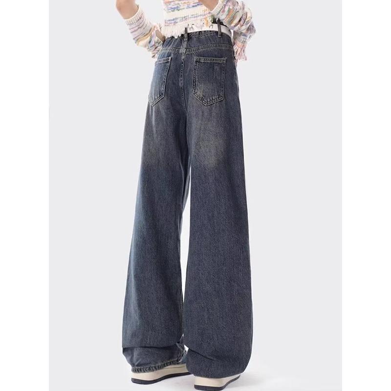 Vintage Raw Edge Jeans for Women High Waisted Loose Straight Pant Wide Leg Trousers
