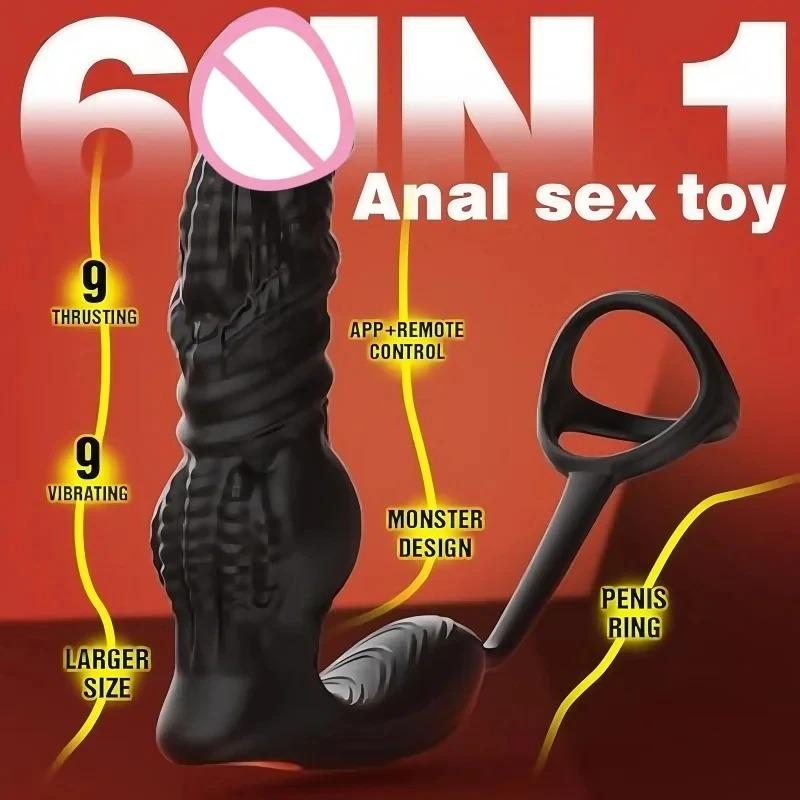 6-in-1 Male High-Speed Butt Plug Prostate Massager with App/Remote Control for Retractable Dildo Delayed Ejaculation Lock Ring