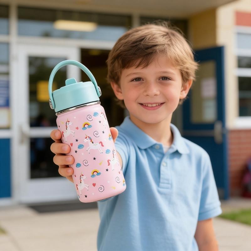 Wide Mouth Thermal Stainless Steel Water Cup Cartoon Handle Straw Tumblers Water Bottle for Outdoors