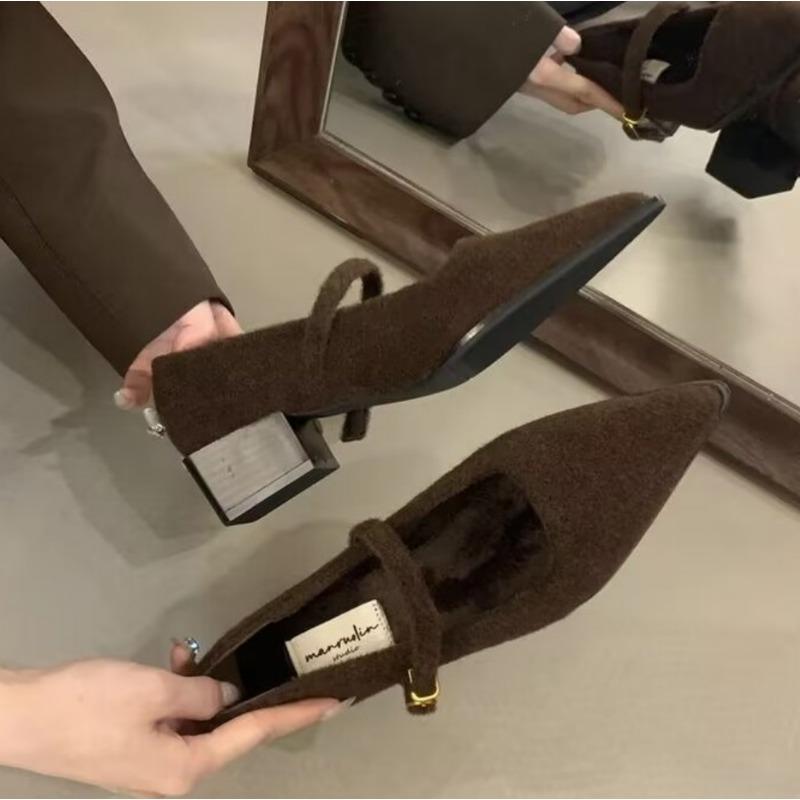 2026 New Winter Cotton Women Mary Jane Shoes Fashion Shallow Pointed Toe Shoes Concise Square Heels Shoes Luxury Low Heel