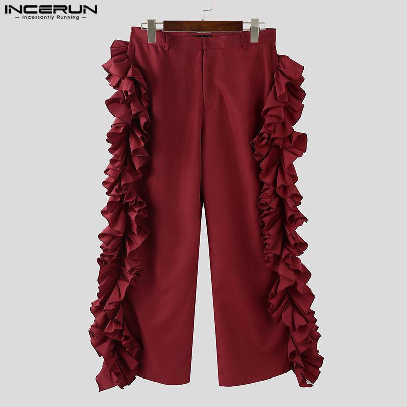 INCERUN S-5XL Pánské kalhoty s vysokým pasem, volánovými vrstvami na straně, ležérní, dlouhé