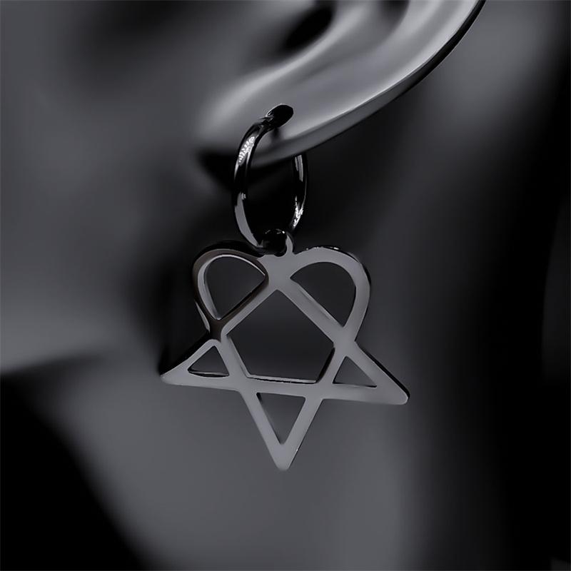Goth Heartagram Star Dangle Hoop Earring Women Stainless Steel Black Color Rock Music Band HIM Fans Earrings Jewelry E2613S03