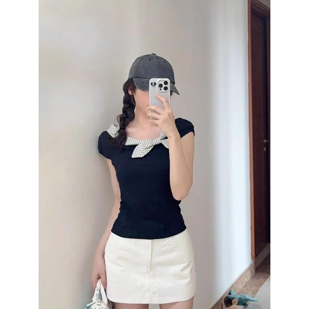 Korean Style Plaid Bow Patchwork T-shirt - Summer 2025 Casual Short Sleeve Top