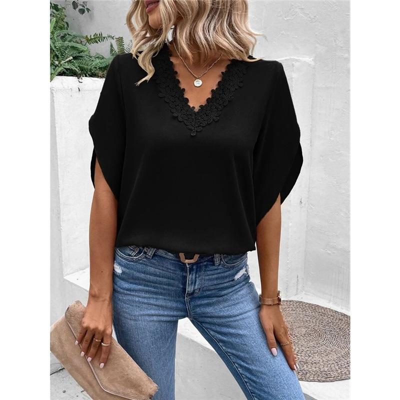 Women s V-Neck Lace Trim Chiffon Blouse Casual Batwing Sleeve Loose Summer Top L чёрный
