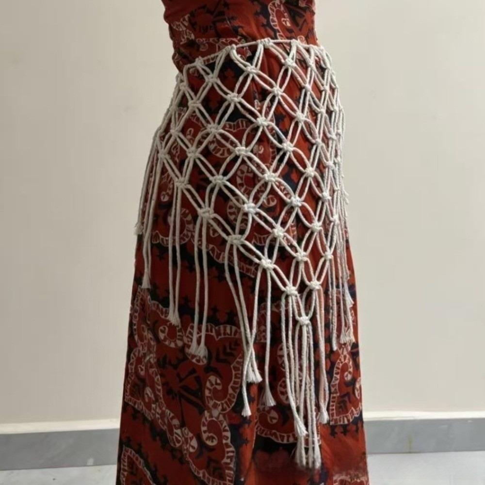 Bohemian Netted Fringe Waistband Decorative Tassel Ethnic Design Waist Wrap Handwoven Bikini Cover Up Women's Waist Accessory