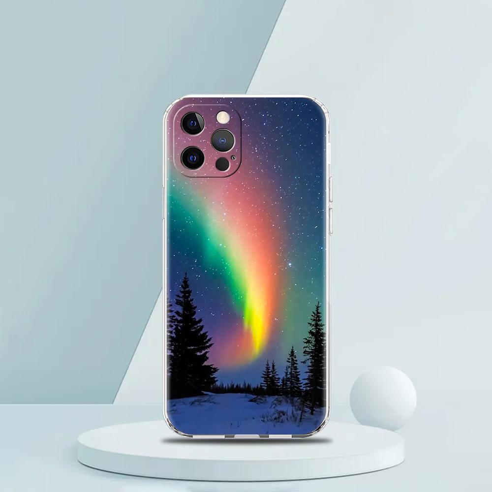 For iPhone 15 16 14 13 12 Mini 11 Pro Max XS X XR SE 7 8 Plus Silicone Clear Cover Beautiful Northern Lights Luxury Phone Case