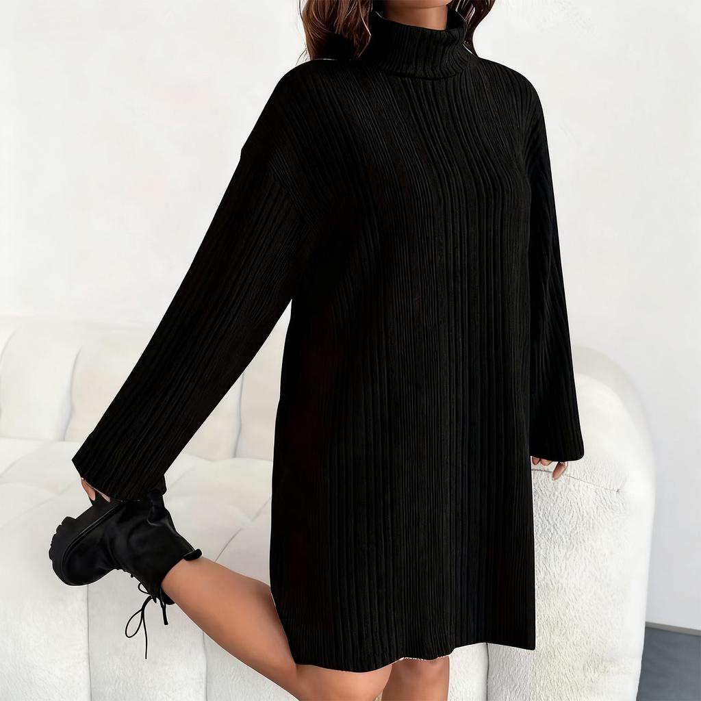 Women's Loose And Comfortable Warm Ribbed High-Neck And Long Sleeve Dress