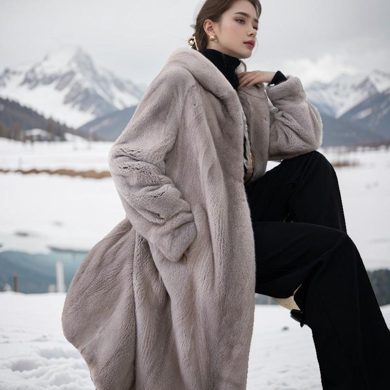 2 autumn and winter new medium and long imitation mink fur coat thickened with hat fur coat women's fashion